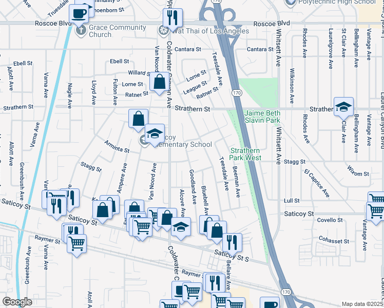 map of restaurants, bars, coffee shops, grocery stores, and more near 12818 Arminta Street in Los Angeles