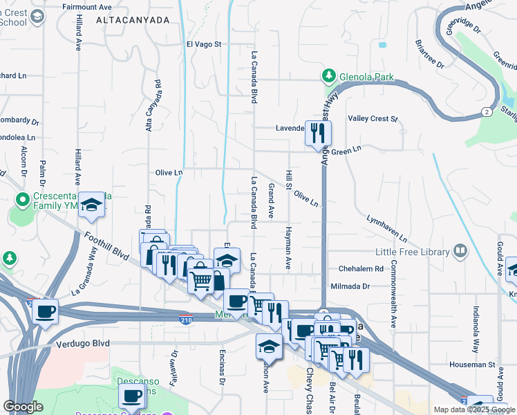 map of restaurants, bars, coffee shops, grocery stores, and more near 4818 La Canada Boulevard in La Cañada Flintridge