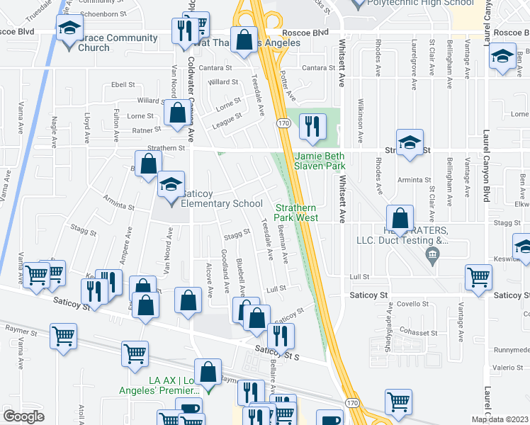 map of restaurants, bars, coffee shops, grocery stores, and more near 7814 Teesdale Avenue in Los Angeles