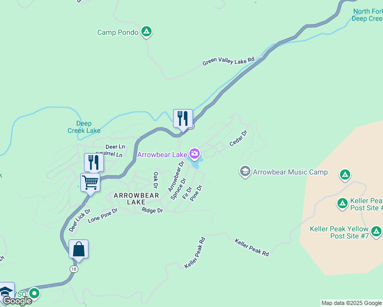 map of restaurants, bars, coffee shops, grocery stores, and more near Sierra View Drive in San Bernardino County