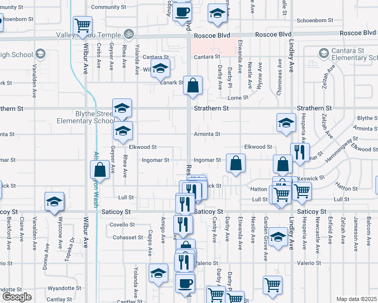 map of restaurants, bars, coffee shops, grocery stores, and more near 7820 Reseda Boulevard in Los Angeles