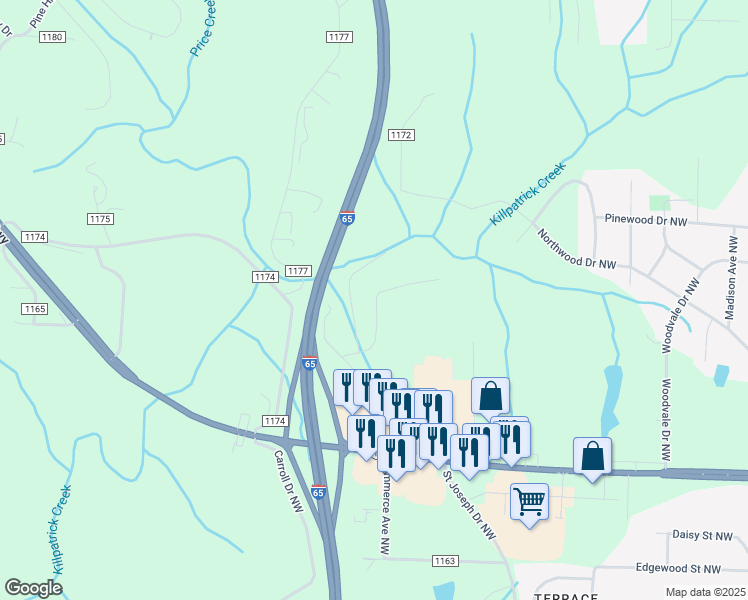 map of restaurants, bars, coffee shops, grocery stores, and more near 2374 Alabama 157 in Cullman