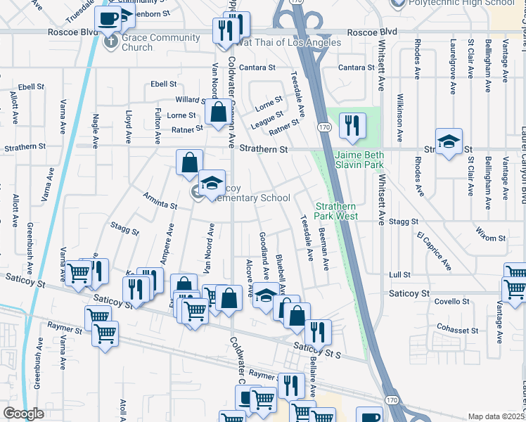 map of restaurants, bars, coffee shops, grocery stores, and more near 12818 Arminta Street in Los Angeles