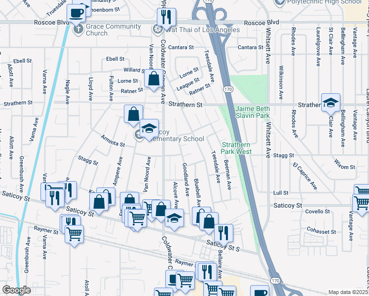 map of restaurants, bars, coffee shops, grocery stores, and more near 12818 Arminta Street in Los Angeles