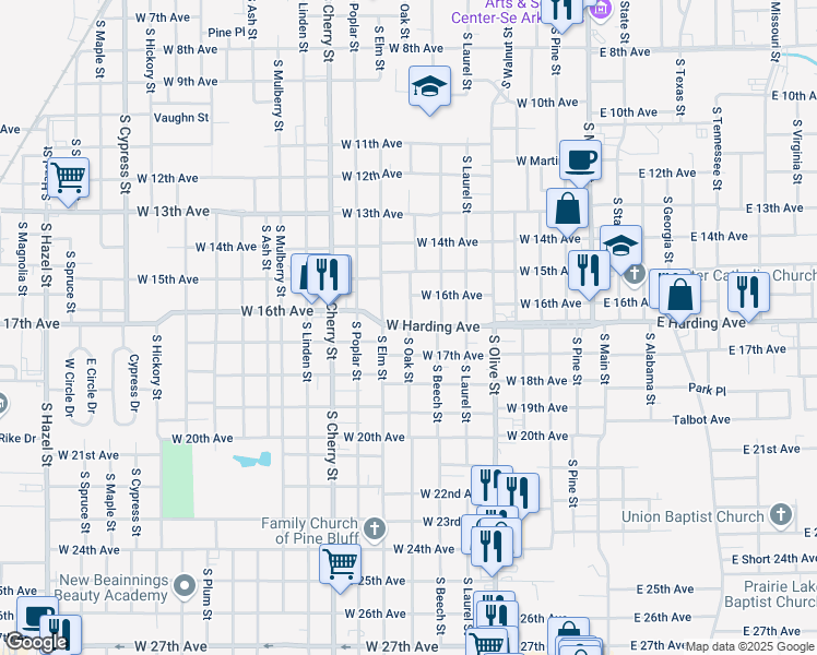 map of restaurants, bars, coffee shops, grocery stores, and more near 1702 South Oak Street in Pine Bluff
