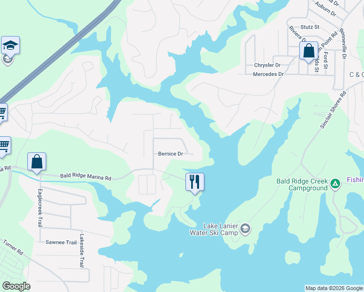 map of restaurants, bars, coffee shops, grocery stores, and more near 1880 Bernice Drive in Cumming