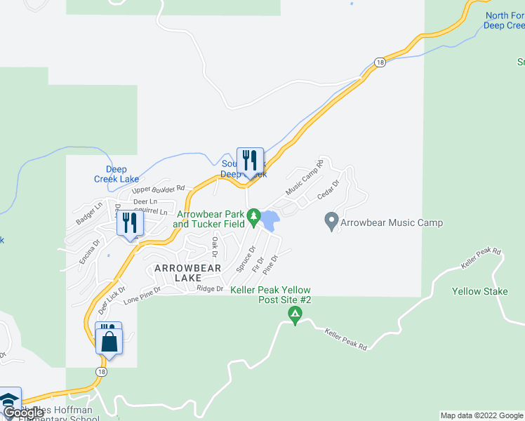 map of restaurants, bars, coffee shops, grocery stores, and more near Sierra View Drive in San Bernardino County