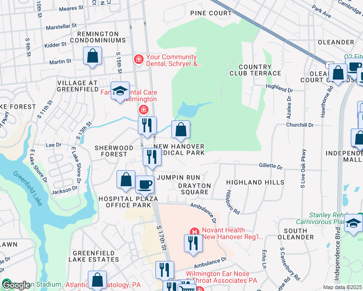 map of restaurants, bars, coffee shops, grocery stores, and more near 1729 New Hanover Medical Park Drive in Wilmington