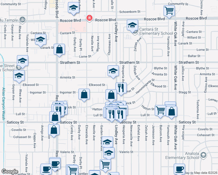 map of restaurants, bars, coffee shops, grocery stores, and more near 7757 Chimineas Avenue in Los Angeles