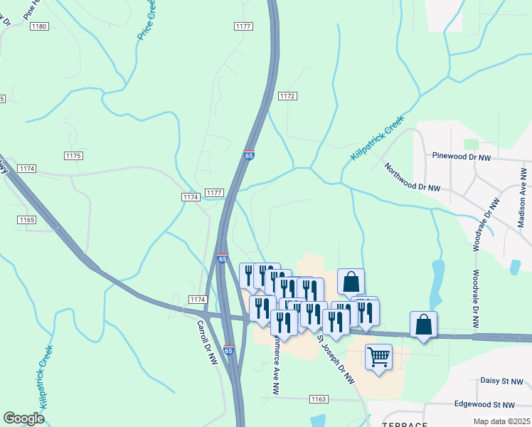 map of restaurants, bars, coffee shops, grocery stores, and more near 2374 Alabama 157 in Cullman