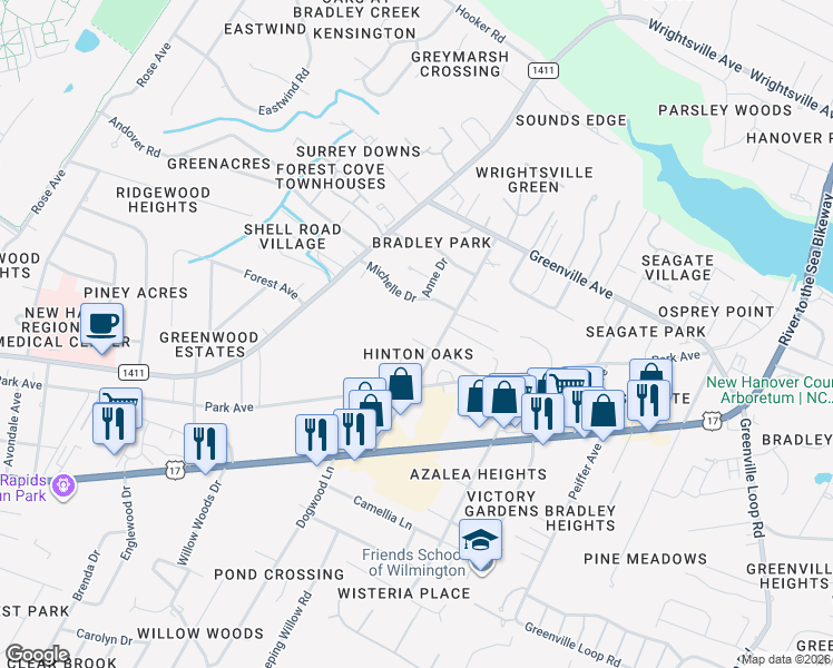 map of restaurants, bars, coffee shops, grocery stores, and more near 5601 Moss Vine Place in Wilmington