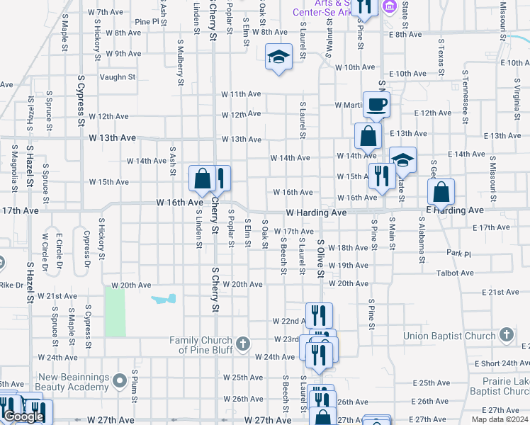 map of restaurants, bars, coffee shops, grocery stores, and more near 1702 South Oak Street in Pine Bluff