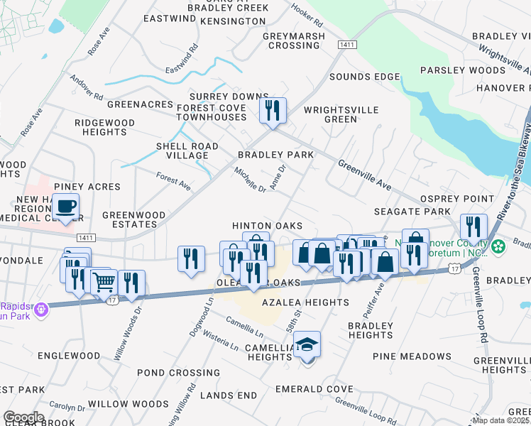 map of restaurants, bars, coffee shops, grocery stores, and more near 5601 Moss Vine Place in Wilmington