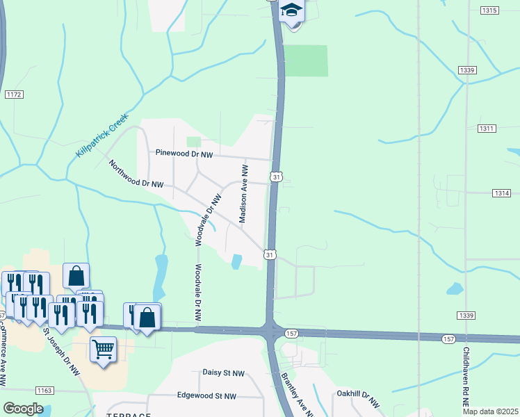 map of restaurants, bars, coffee shops, grocery stores, and more near 2122 Madison Avenue Northwest in Cullman