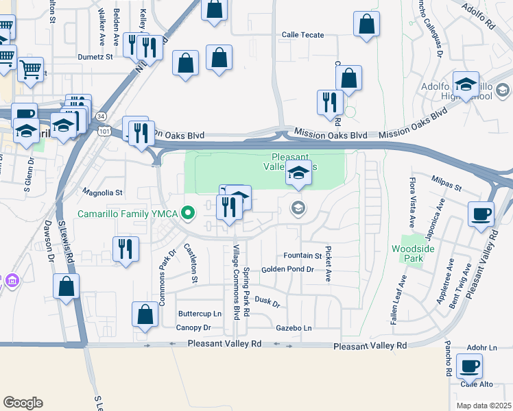 map of restaurants, bars, coffee shops, grocery stores, and more near 3343 Shadetree Way in Camarillo