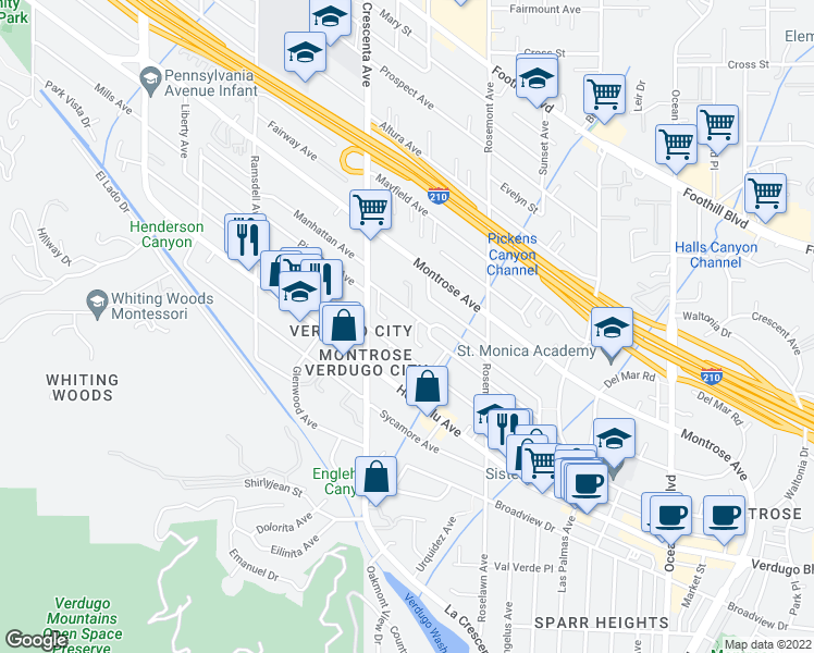 map of restaurants, bars, coffee shops, grocery stores, and more near 2740 Hermosa Avenue in Glendale