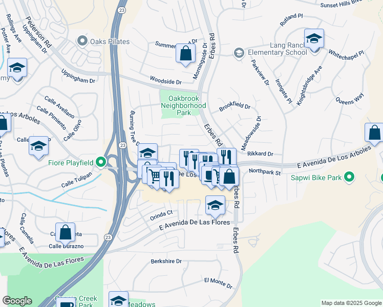 map of restaurants, bars, coffee shops, grocery stores, and more near 1923 Shady Brook Drive in Thousand Oaks