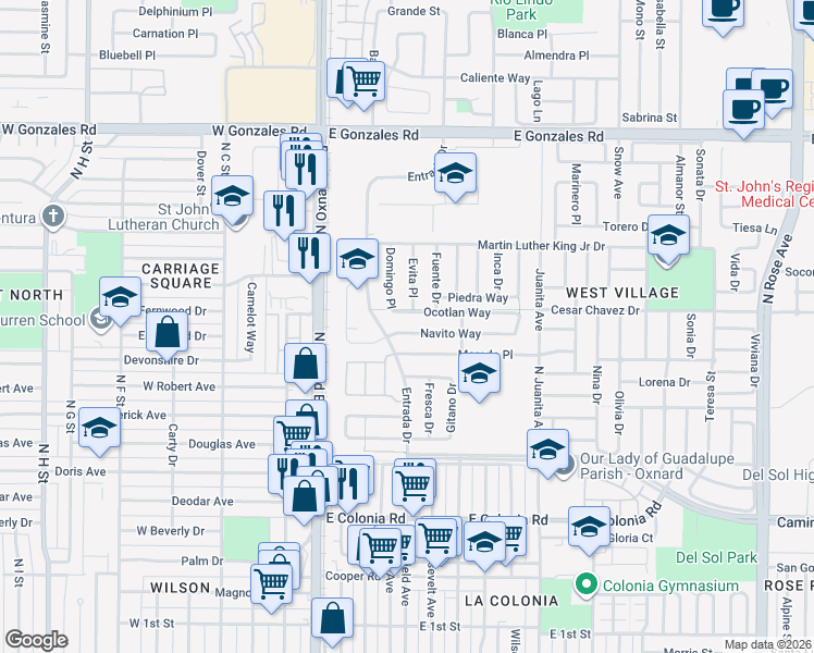 map of restaurants, bars, coffee shops, grocery stores, and more near 437 Morado Place in Oxnard
