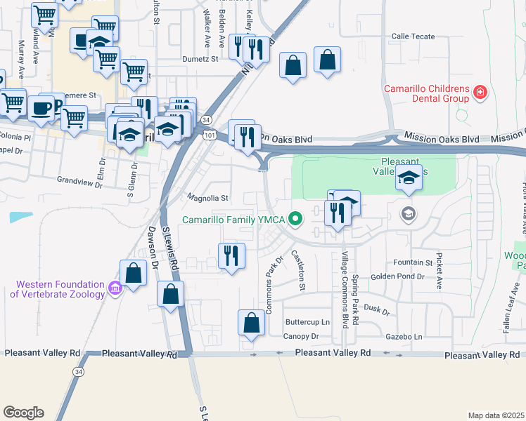 map of restaurants, bars, coffee shops, grocery stores, and more near 3089 Village at the Park Drive in Camarillo