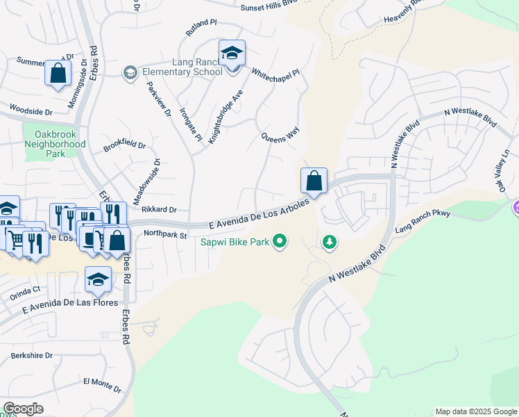 map of restaurants, bars, coffee shops, grocery stores, and more near 2500 Kensington Avenue in Thousand Oaks