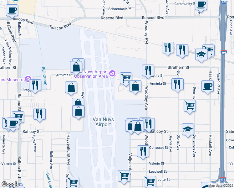 map of restaurants, bars, coffee shops, grocery stores, and more near 16300 Stagg Street in Los Angeles