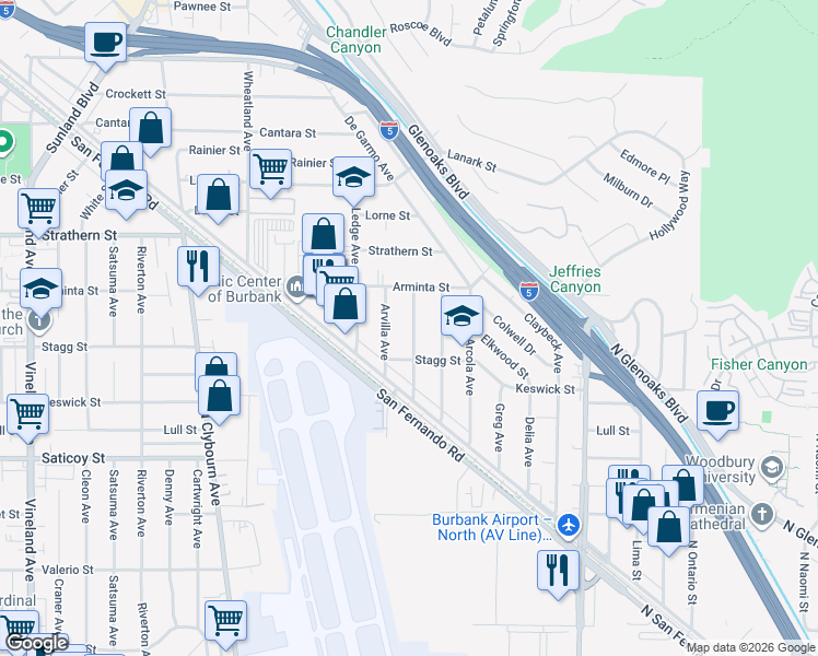 map of restaurants, bars, coffee shops, grocery stores, and more near 7823 Ferncola Avenue in Los Angeles