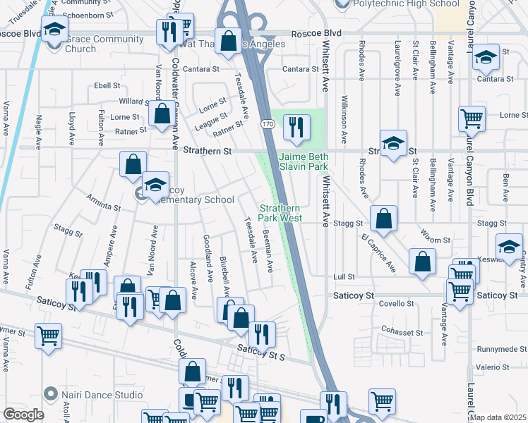 map of restaurants, bars, coffee shops, grocery stores, and more near 12645 Divan Place in Los Angeles