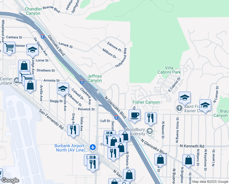 map of restaurants, bars, coffee shops, grocery stores, and more near 7762 Shadyspring Drive in Burbank