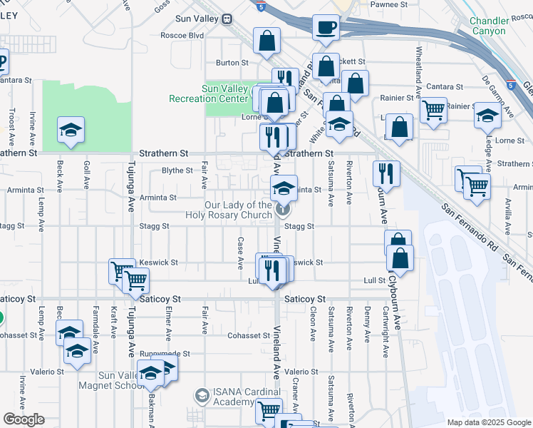 map of restaurants, bars, coffee shops, grocery stores, and more near 7756 Ensign Avenue in Los Angeles
