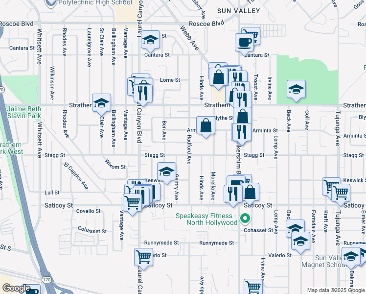 map of restaurants, bars, coffee shops, grocery stores, and more near 7760 Radford Avenue in Los Angeles