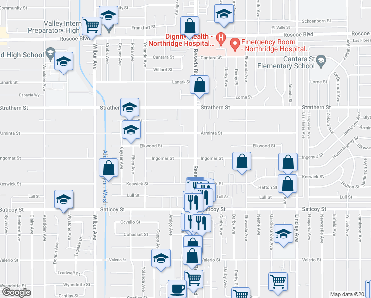 map of restaurants, bars, coffee shops, grocery stores, and more near 18540 Ingomar Street in Los Angeles