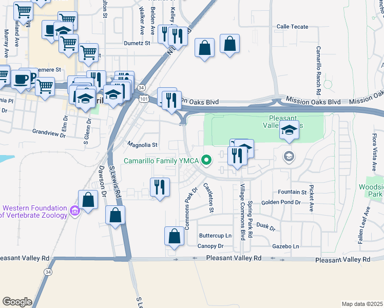 map of restaurants, bars, coffee shops, grocery stores, and more near 3089 Village at the Park Drive in Camarillo