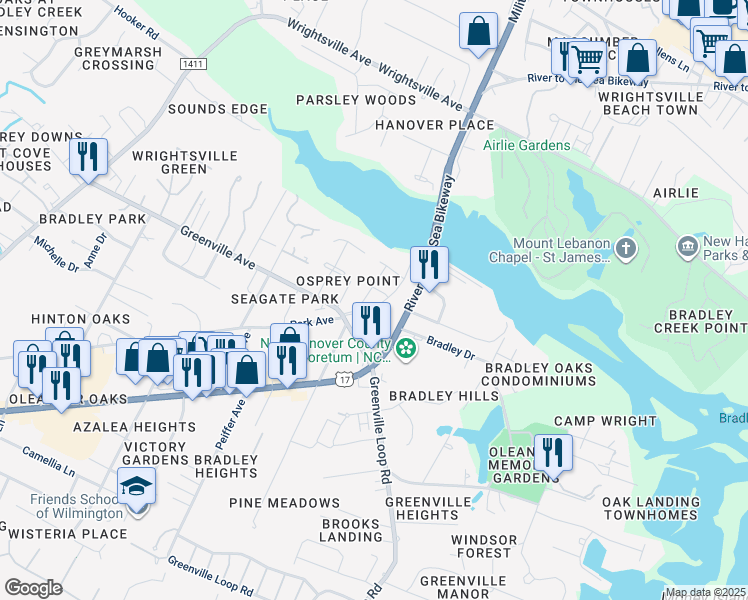 map of restaurants, bars, coffee shops, grocery stores, and more near 6317 Oleander Drive in Wilmington