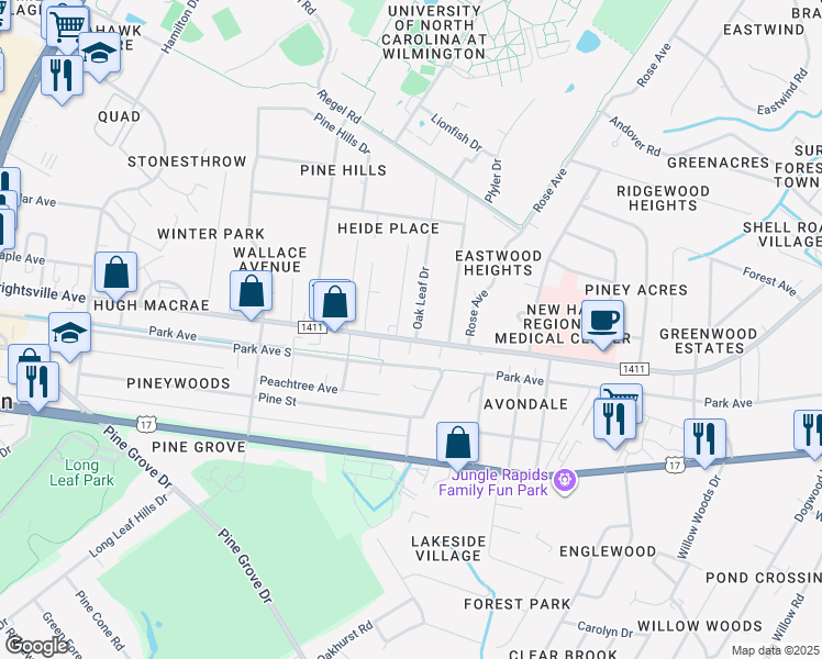 map of restaurants, bars, coffee shops, grocery stores, and more near 5054 Wrightsville Avenue in Wilmington