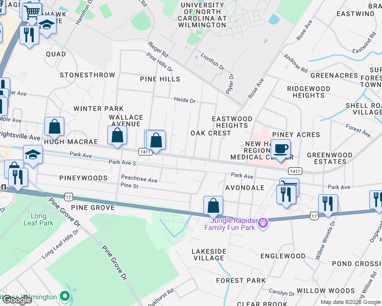 map of restaurants, bars, coffee shops, grocery stores, and more near 5054 Wrightsville Avenue in Wilmington
