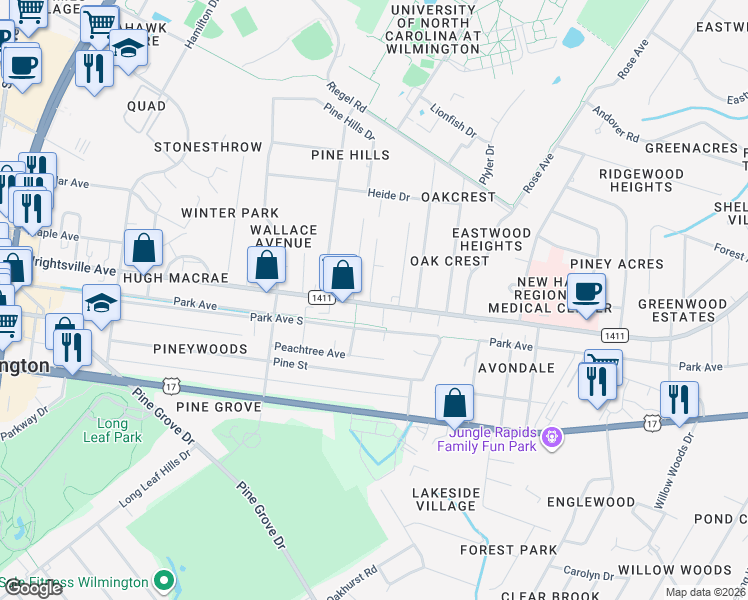 map of restaurants, bars, coffee shops, grocery stores, and more near 5040A Wrightsville Avenue in Wilmington