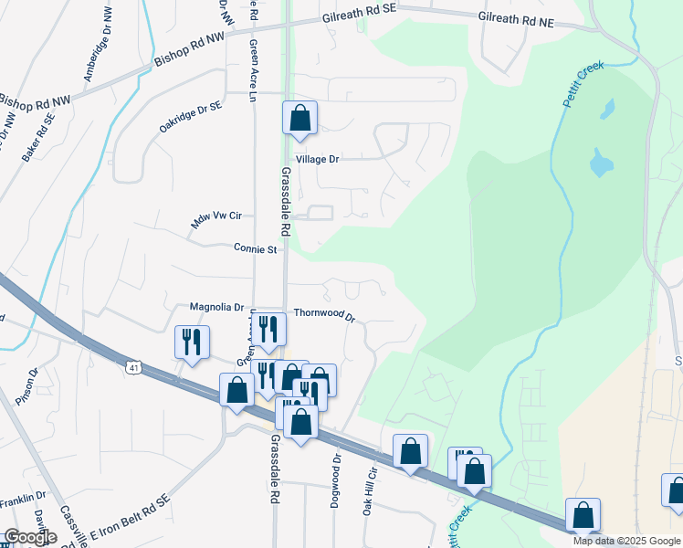 map of restaurants, bars, coffee shops, grocery stores, and more near 6 Governors Court in Cartersville