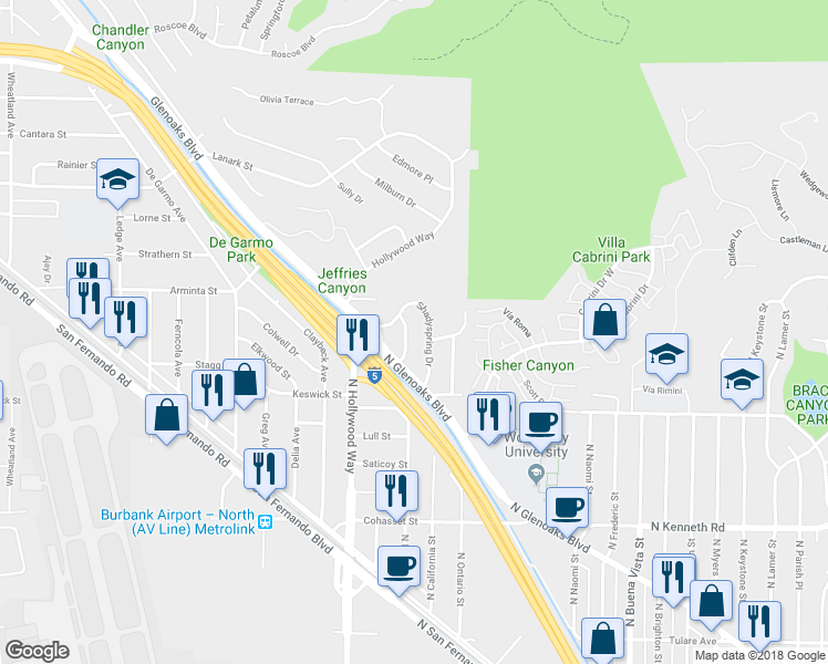 map of restaurants, bars, coffee shops, grocery stores, and more near 7780 Shadyspring Place in Burbank