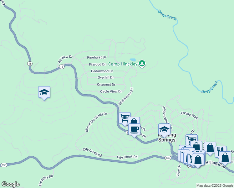 map of restaurants, bars, coffee shops, grocery stores, and more near 31505 Circle View Drive in Running Springs