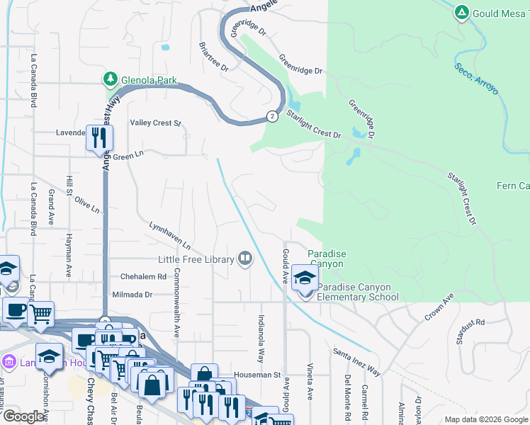 map of restaurants, bars, coffee shops, grocery stores, and more near 516 Venado Vista Drive in La Cañada Flintridge