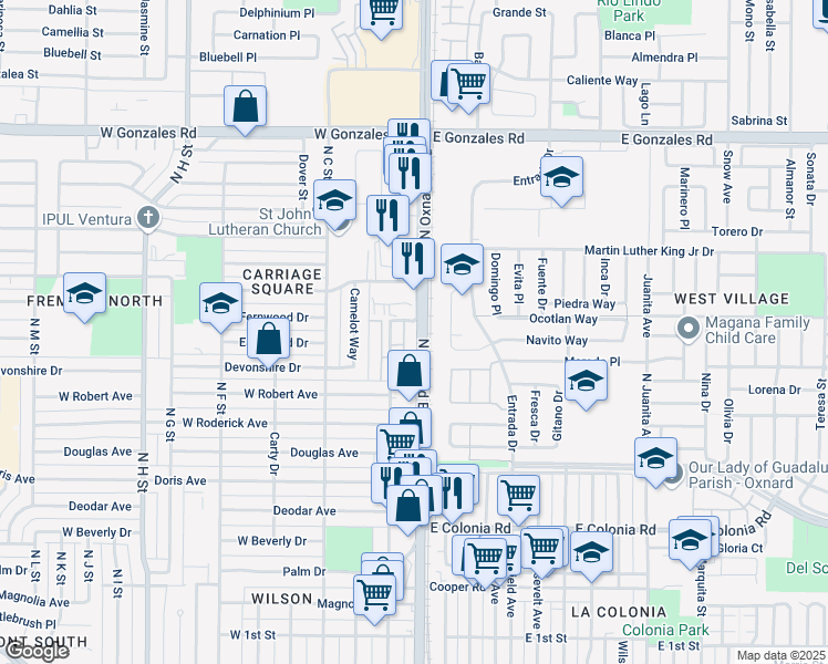 map of restaurants, bars, coffee shops, grocery stores, and more near 1053 Ambrosia Street in Oxnard