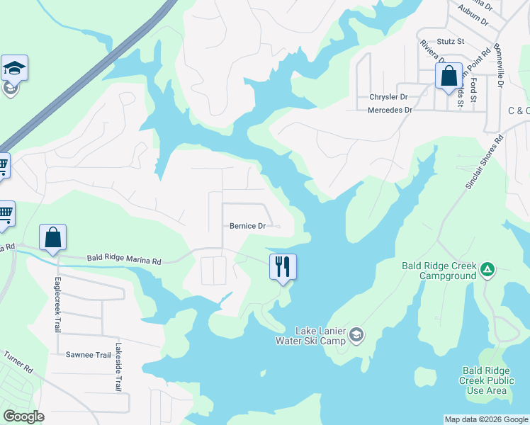 map of restaurants, bars, coffee shops, grocery stores, and more near 1880 Bernice Drive in Cumming