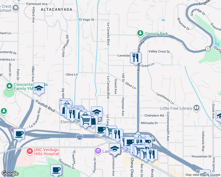map of restaurants, bars, coffee shops, grocery stores, and more near 4824 La Canada Boulevard in La Cañada Flintridge