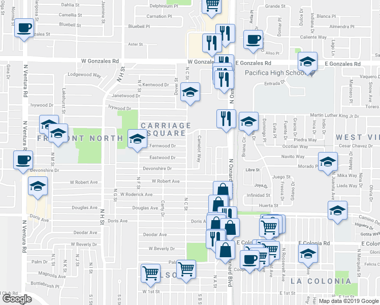 map of restaurants, bars, coffee shops, grocery stores, and more near 1114 North C Street in Oxnard