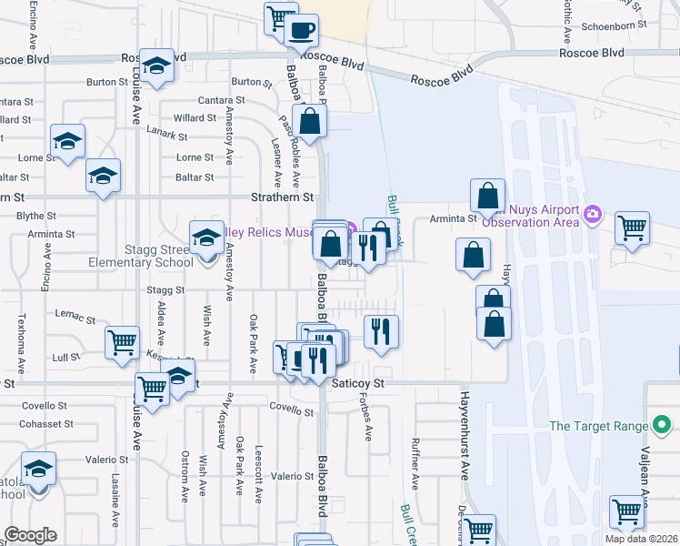 map of restaurants, bars, coffee shops, grocery stores, and more near 7756 Balboa Boulevard in Los Angeles