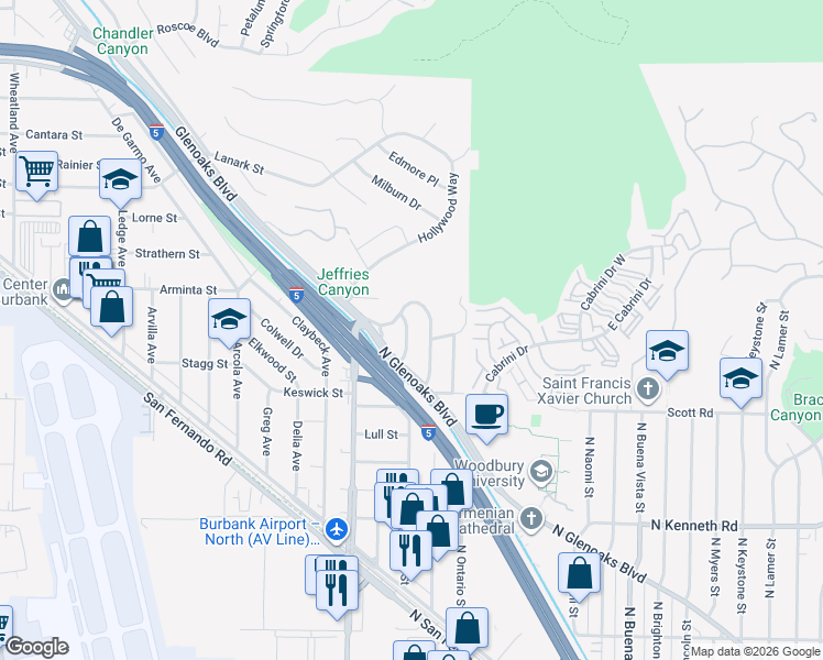 map of restaurants, bars, coffee shops, grocery stores, and more near 7780 Shadyspring Place in Burbank