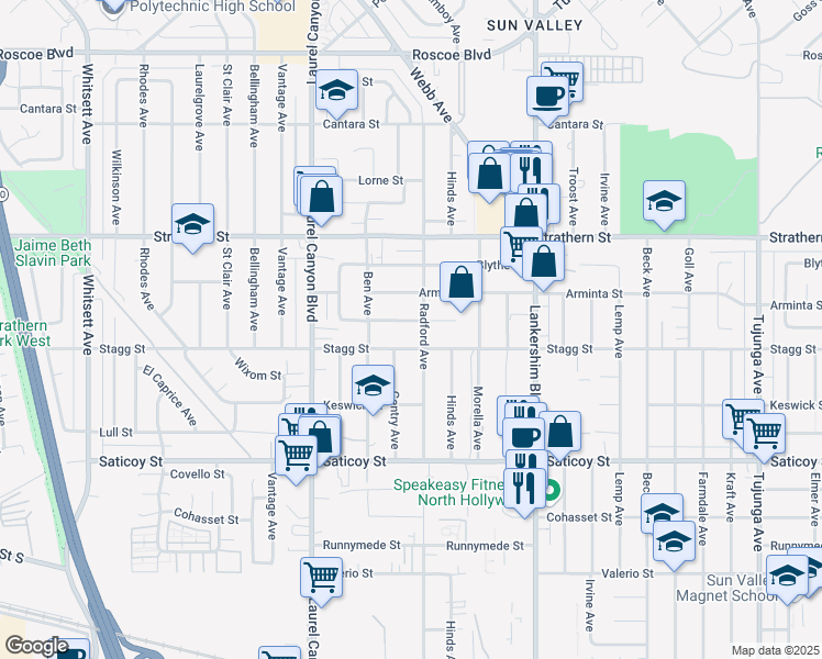 map of restaurants, bars, coffee shops, grocery stores, and more near 11910 Elkwood Street in Los Angeles