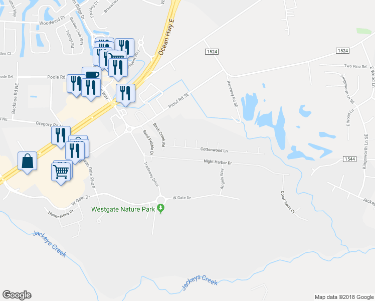 map of restaurants, bars, coffee shops, grocery stores, and more near 9429 Cottonwood Lane in Leland