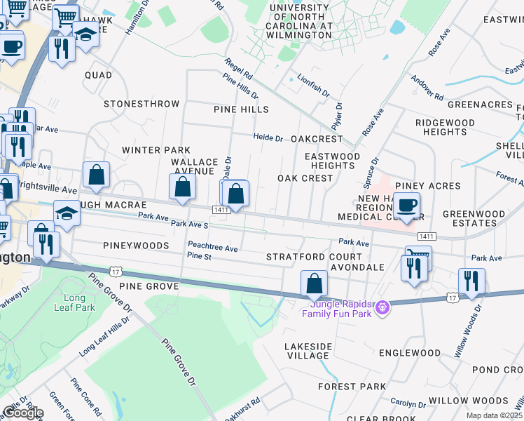 map of restaurants, bars, coffee shops, grocery stores, and more near 202 Jordan Lane in Wilmington