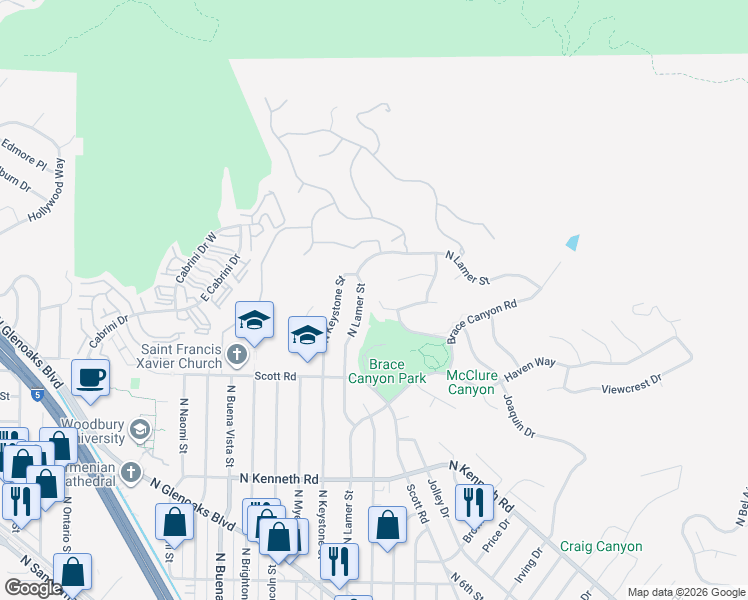 map of restaurants, bars, coffee shops, grocery stores, and more near 3003 Mesa Verde Drive in Burbank